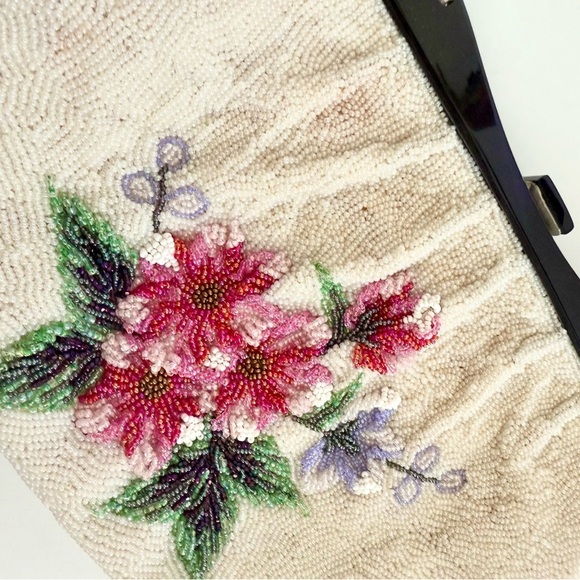 Vintage 50s Beaded Evening Purse Floral Acrylic Top Handle Bag Satin - Picture 3 of 10